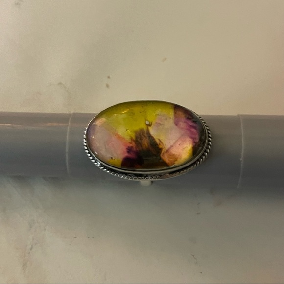 New Artisan Rare Natural Ammolite 925 Sterling Silver Oval Root Chakra Ring - Picture 5 of 13